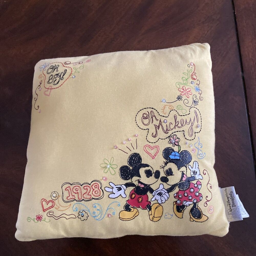 Walt Disney World Resort Oh Boy Mickey & Minnie Mouse Throw Pillow Yellow 11"